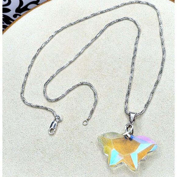 Dazzling 925 Sterling Silver Butterfly Crystal Aurora Borealis Necklace - Picture 7 of 14